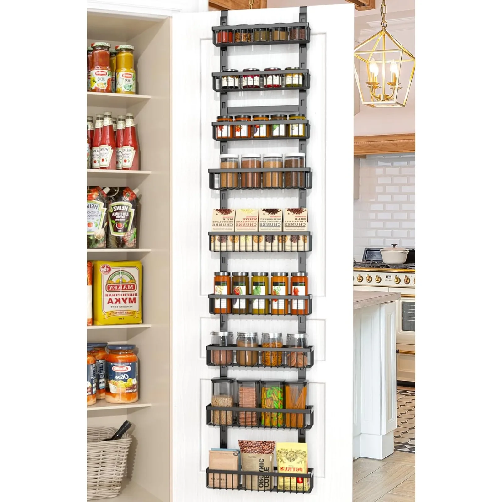 

US Over the Door Pantry Organizer 9 Tier Metal Narrow Door Pantry Spice Rack with Height Adjustable Pantry Storage 14.8" W x 77