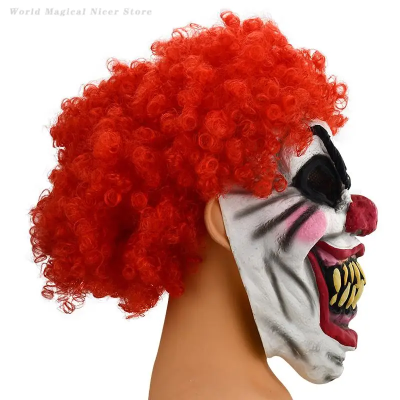Horror Halloween Maschera da clown Capelli rossi Bocca grande sopra la testa Maschera in lattice Spaventoso Clown Puntelli Cosplay Accessori divertenti Parodia Prop