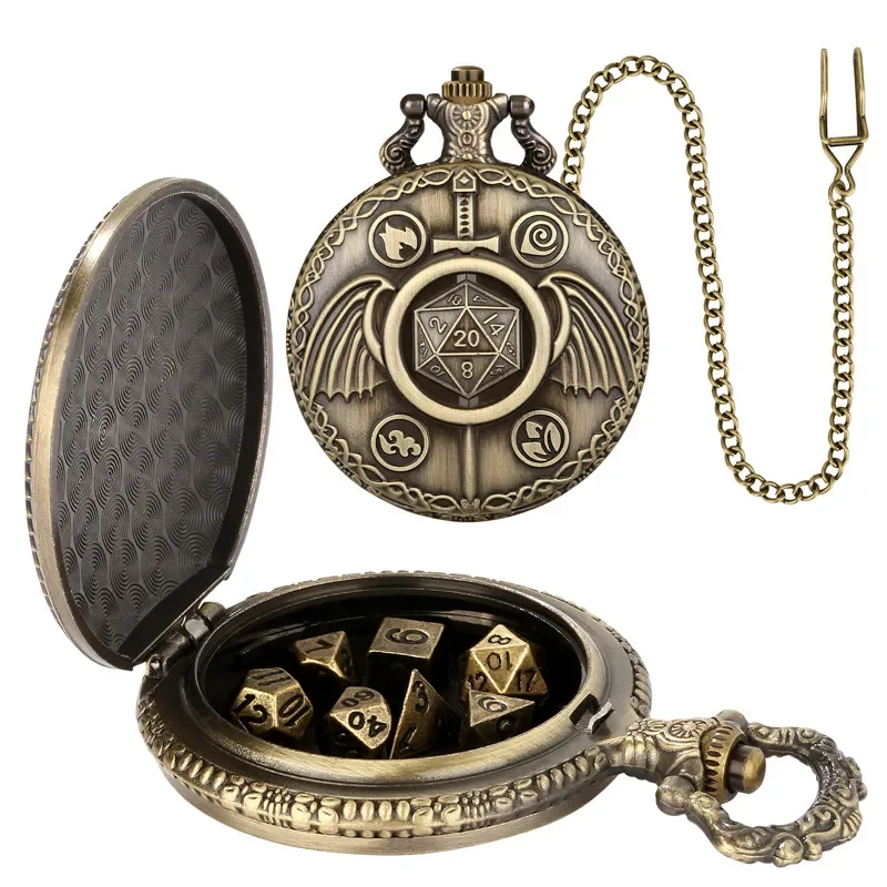 Antique Fighter Sword with Wings Pocket Watch Case Pendant Chain 7pcs Metal Polyhedral Dice Set for Role Play Gaming