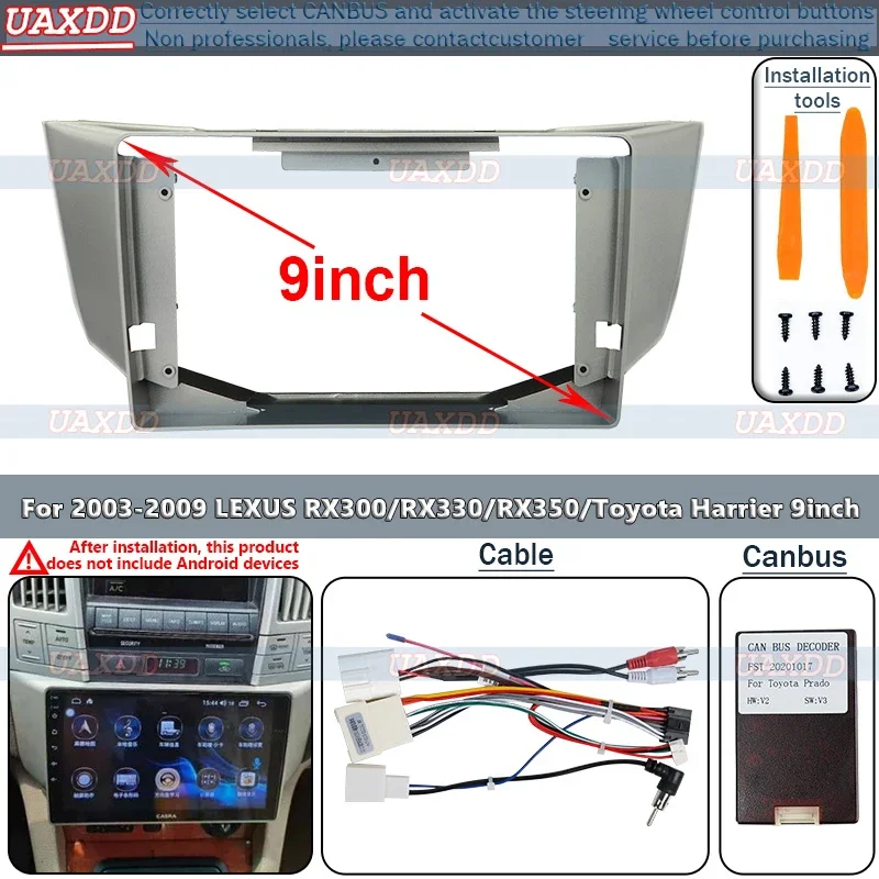 For 2003-2009 LEXUS RX300 RX330 RX350 Toyota Harrier 9INCH 2 Din Car Android Frame Panel Fascia Cable Harness Dashboard Canbus