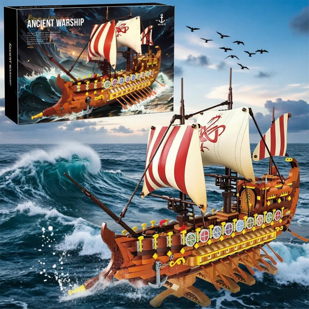 

2073PCS Viking Longship Building Blocks Giant Warship Pirate Boat Model Bricks Set Desktop Ornament Kids Educational Toy Gift