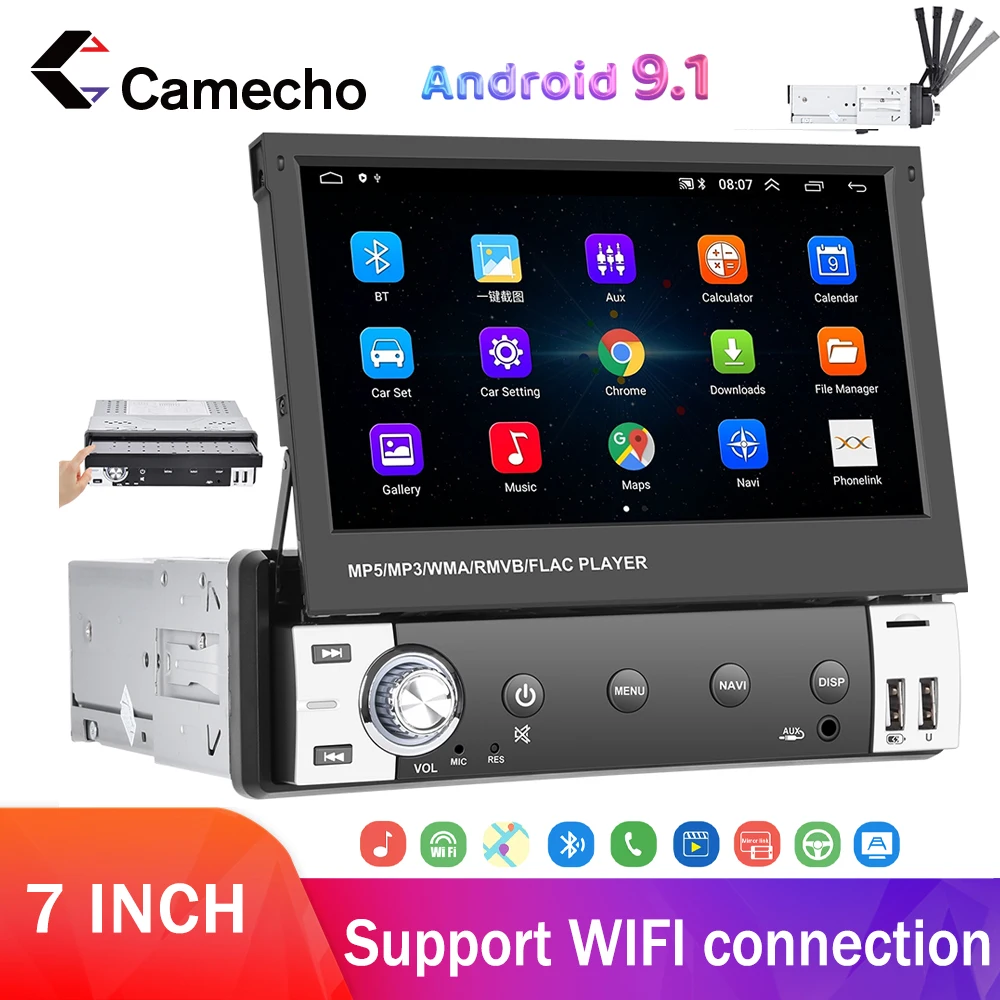 

Camecho 1 DIN Android 9.1 Car Radio 7 inch Mirror Link Touch Screen Retractable Car Radio Wifi MP5 MP4 Player GPS navigation
