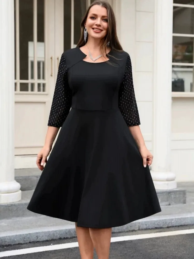 

L-4XL Plus Size Elegant Midi Dress 2026 Summer Autumn Women Office Lady Dress Casual 3/4 Sleeve Bandage Robe Oversize Dress