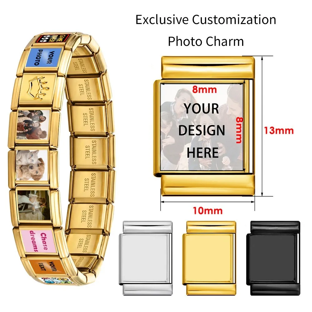 Memory Photo Image Customized Italian Charm 13mm Stainless Steel Bead DIY Link Bracelet Personalized Aniversary Gift Women Men