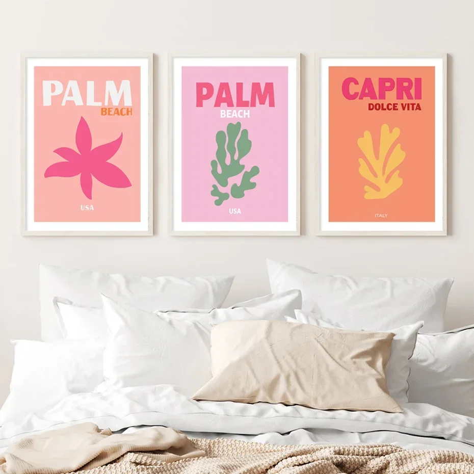 2D Flat ,Frameless,Famous Travel City Miami Bondi Palms Capri Wall Art Canvas Painting Abstract Posters Prints Pictures For Livi