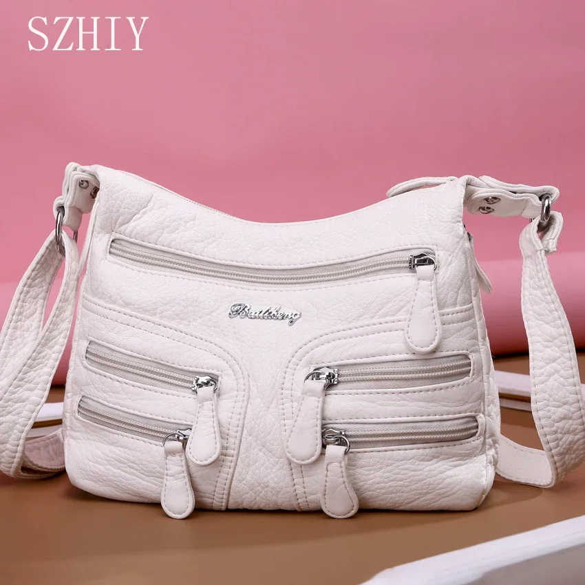 Small Soft Shoulder Bag Casual Women Bag Wash White Leather Crossbody Adjustable Multi-pocket  Ladies Pocket Bolsa De Ombro New