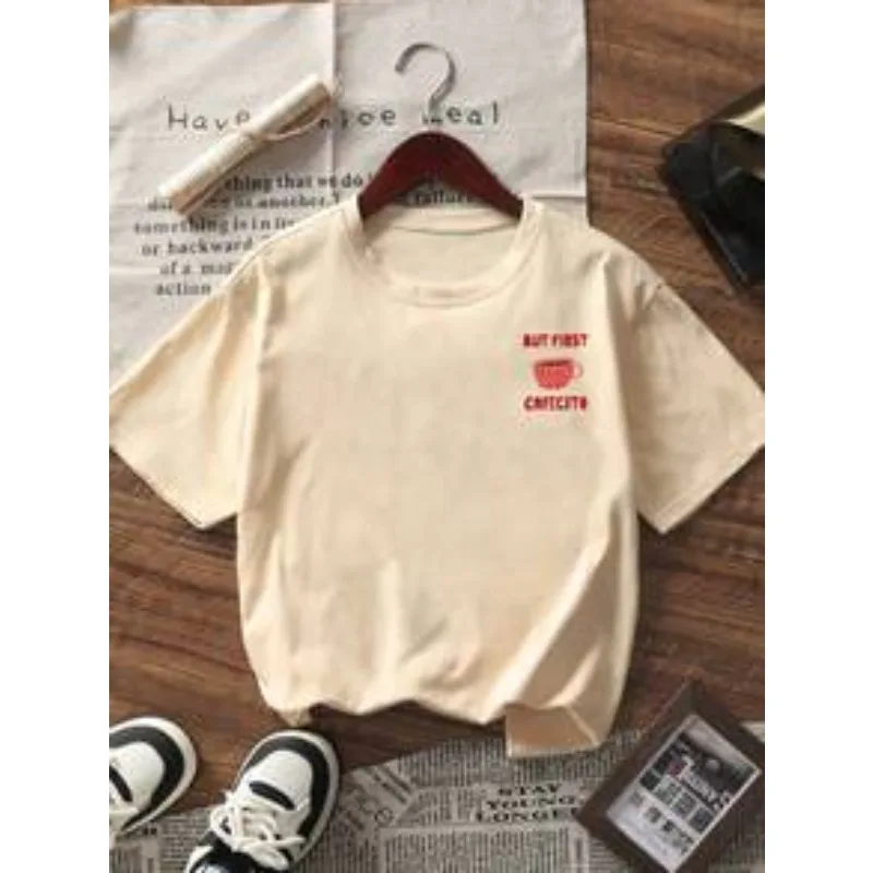 Summer Round Neck Short Sleeve T-Shirt, Pink Heart & Coffee Cup, English Letter Print, Casual Loose Fit Comfortable Tee