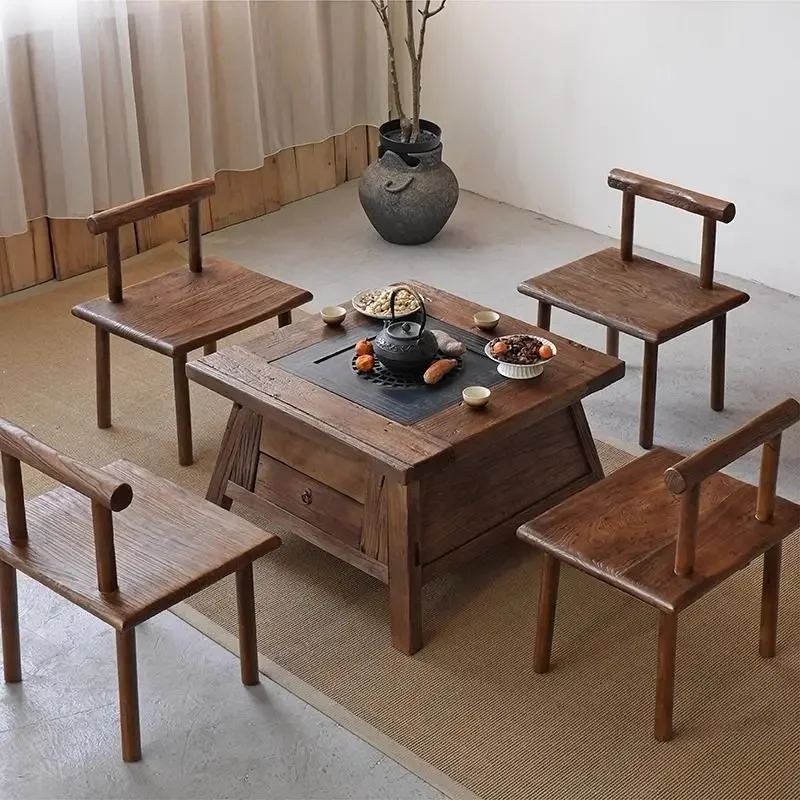 enclosed stove tea table, barbecue stove old tree stump, square table outdoor courtyard, solid wood charcoal stove homestay
