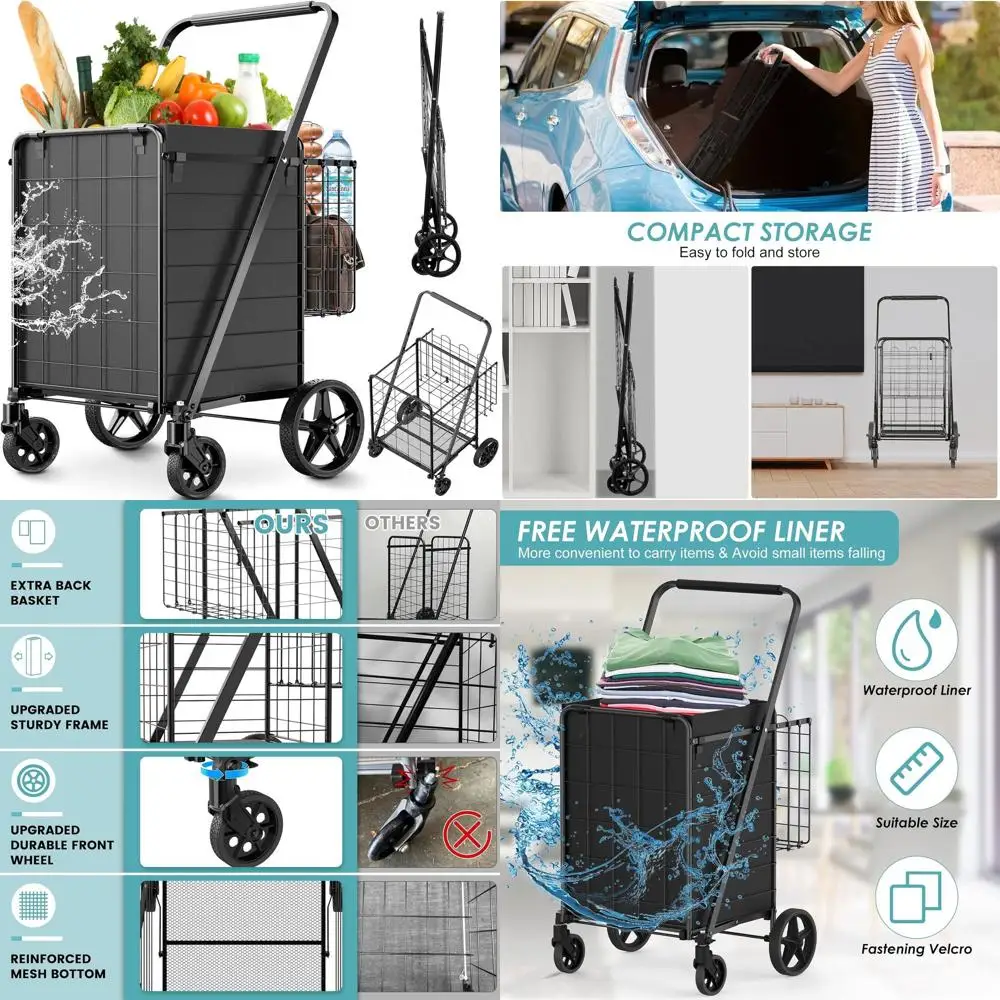 

Jumbo Folding Shopping Cart with 330lbs Capacity, Waterproof Liner, Dual Baskets, and 360° Swivel Wheels for Grocery and Laundry