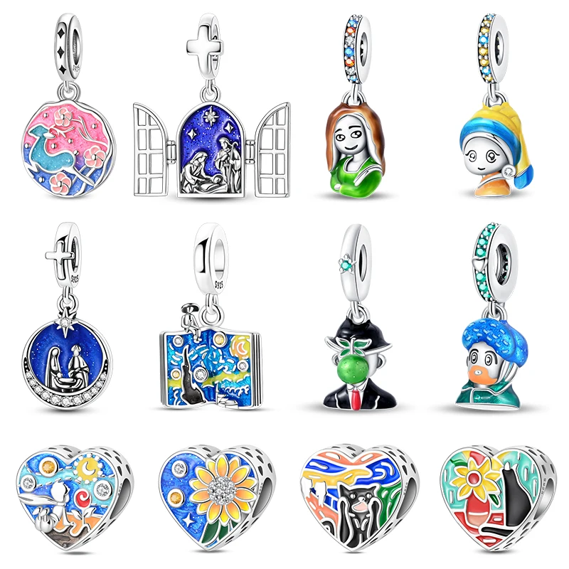 Retro Art‑Inspired 925 Sterling Silver Dangle Charm CZ Zircon Painting Figure Bead Fit Bracelet Pendant For Ladies Jewelry Gift