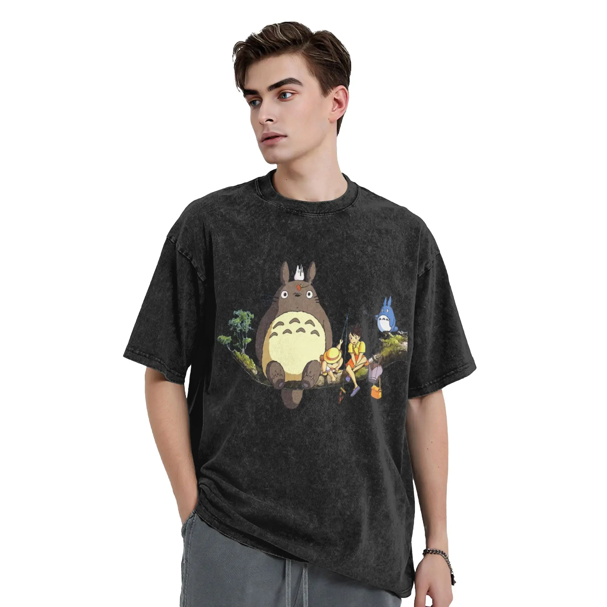 Totoro-Miyazaki Anime T-Shirts Hip Hop Washed 100% Baumwolle Harajuku T-Shirts Retro Herren Damen Tops Streetwear Sommer T-Shirt – Detail 1