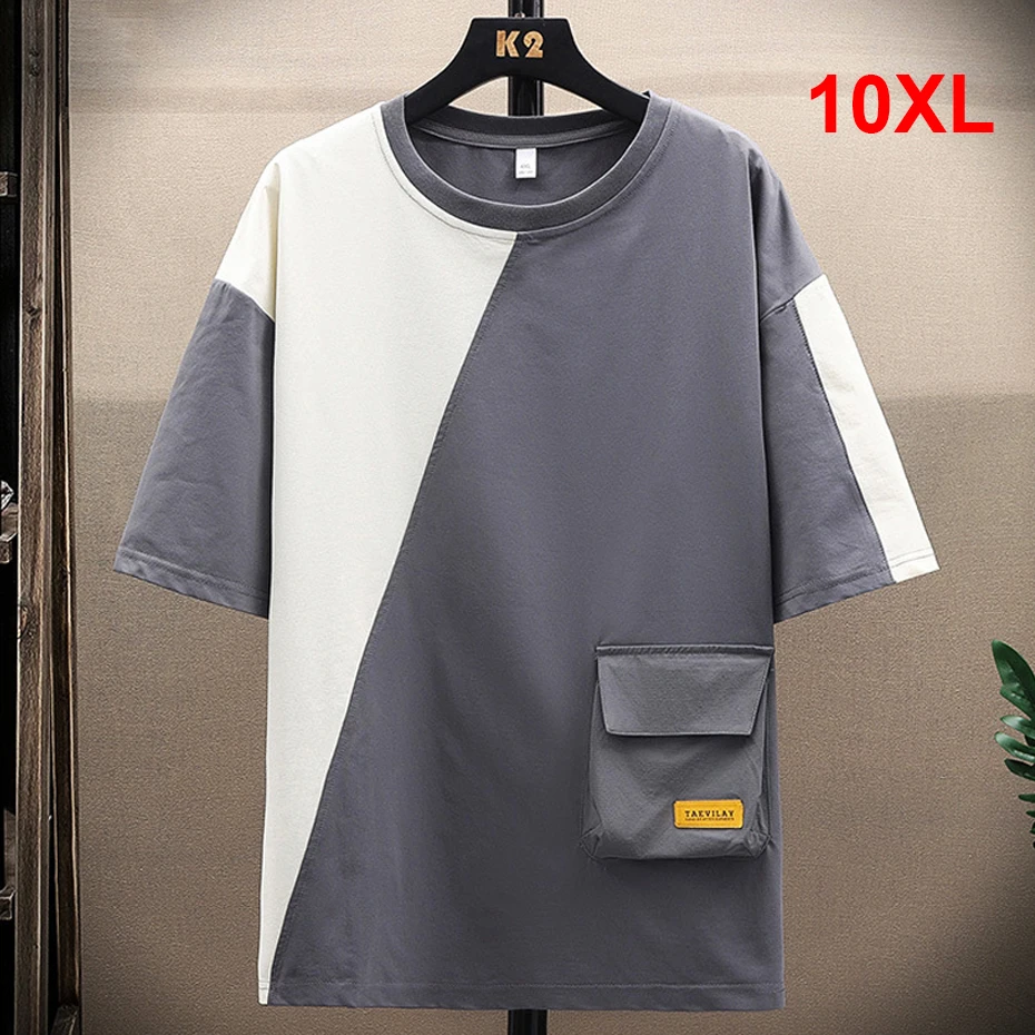 

10XL Plus Size Summer T-shirt Men Short Sleeve T-shirts Fashion Casual Patchwork Pocket Design Tops Tees Male Big Size Tshirt
