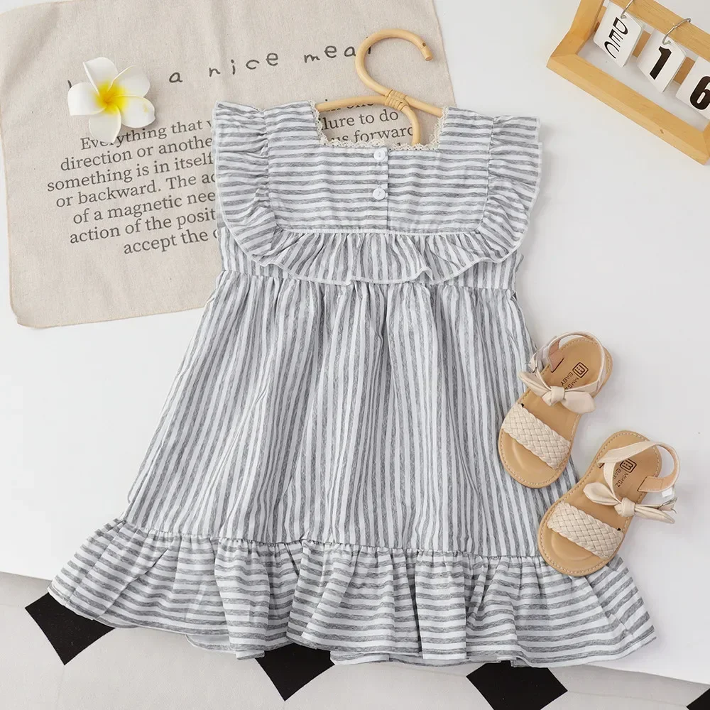 Kids Lace Casual Dresses Summer Grey Striped Girls Dress Square Neckline Sleeveless Daily Wear Clothing Kids Clothes