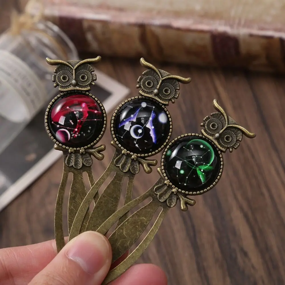 Twelve Constellation Owl Bookmark Pagination Mark Gemstone Inlaid Book Paginator Reading Bookmark Book Clip Good Luck