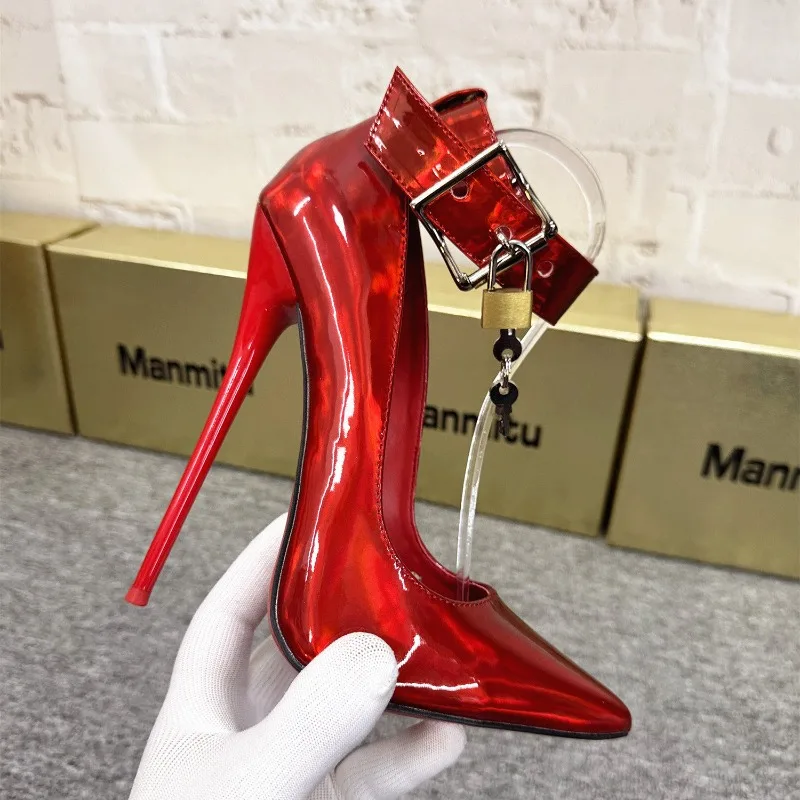 

2026 New 12cm Stiletto High Heel Square Buckle with Lock Laser Surface Shallow Mouth Ladies' Shoes for Foreign Trade Large Sizes