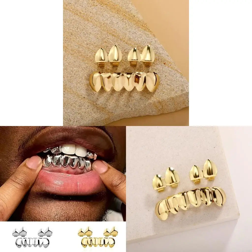 195C Unisex Bling Grillzs for Teeth HipHop Glossy Teeth Grillzs Set Alloy Top Bottom Fashion Teeth Cover Charm