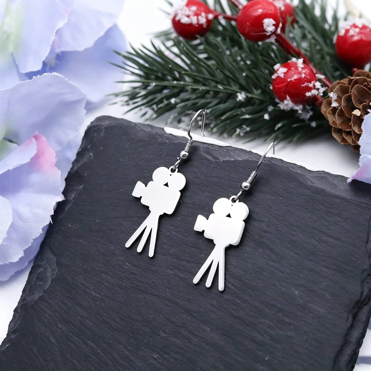 Kinitial Stainless Steel Tripod Video Camera Hook Drop Earrings Movie Film Recorder Cutout Dangles Filmmaker Jewelry Gift