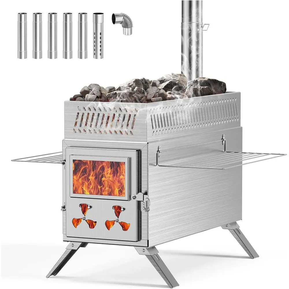 Estufa de leña portátil para acampar al aire libre con chimenea para calefacción y experiencia de sauna