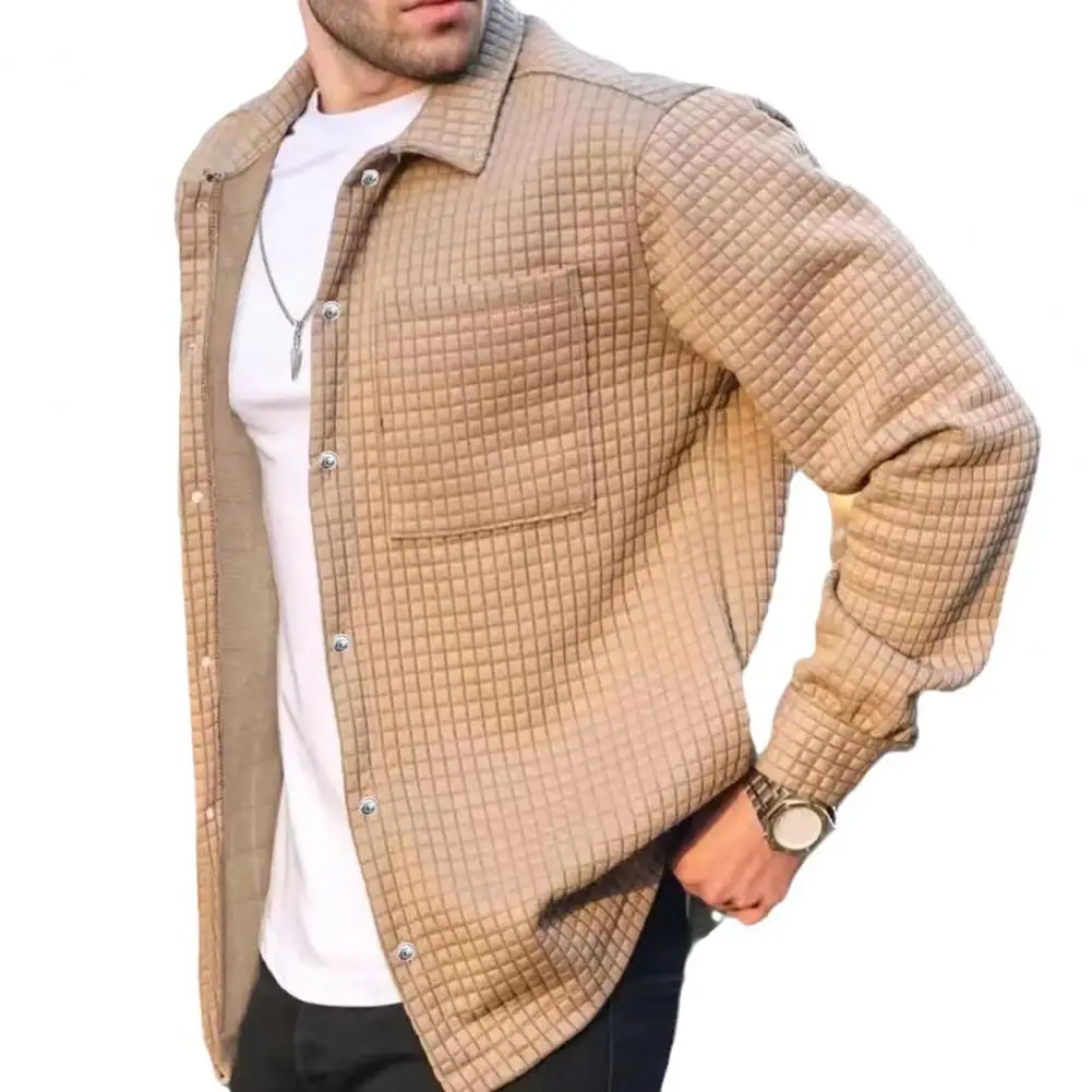 Double Pocket Jacket Men Lapel Jacket Stylish Men's Lapel Jacket with Patch Pocket Waffle Texture Single Breasted Coat for A