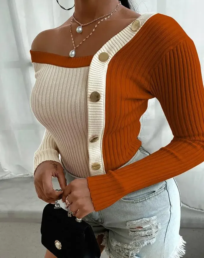 

Fashion Womens Sweaters Colorblock Buttoned Knit Long Sleeve Sweater Casual V-Neck Female Pullover Top Y2K Clothes 2024 Autumn