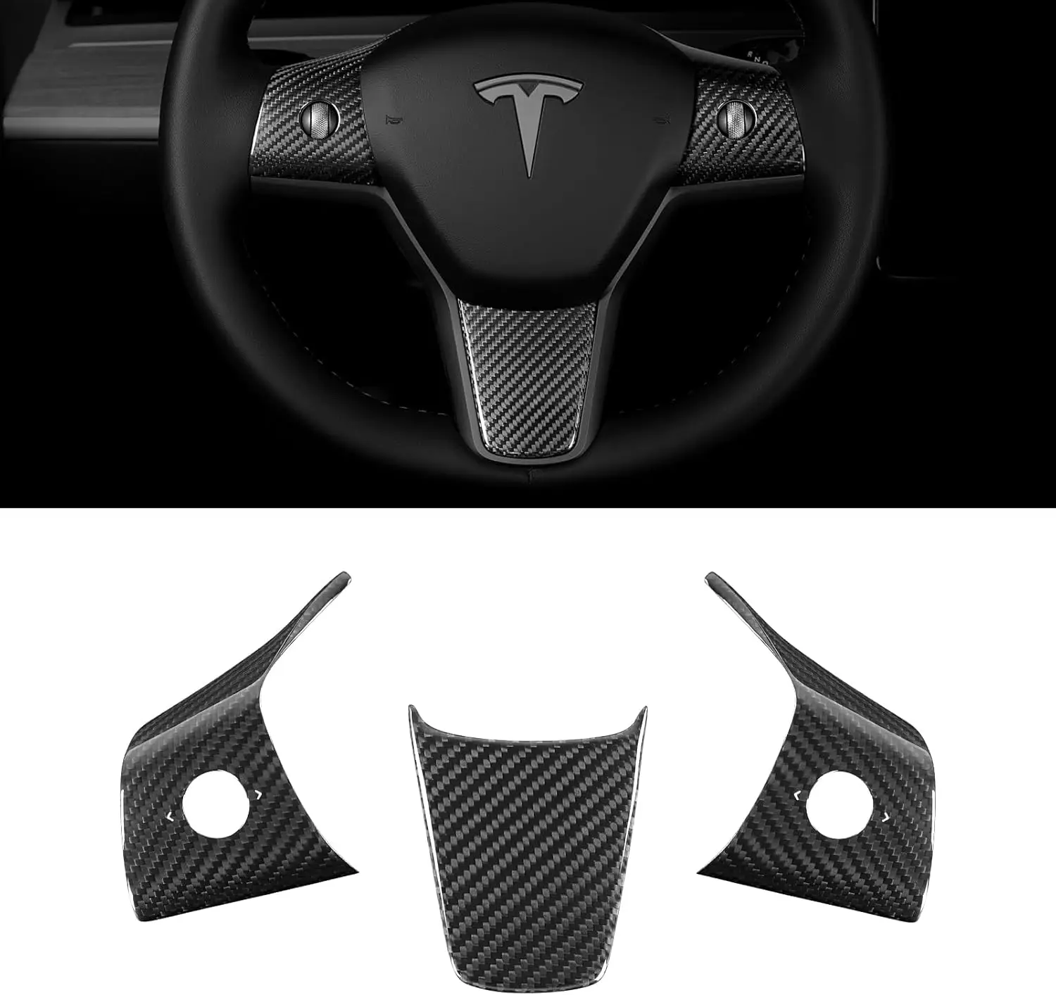

3K Dry Carbon Fiber Steering Wheel Trim Cover for Tesla Model 3 & Y (2017-2023), Glossy Black, Easy Install