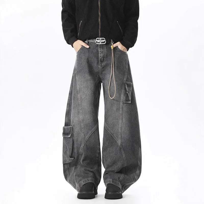 Spring And Autumn Korean Style Large Pocket Workwear Jeans Street Worn Men'S Curved Knife Pants Casual Wide Leg Pants