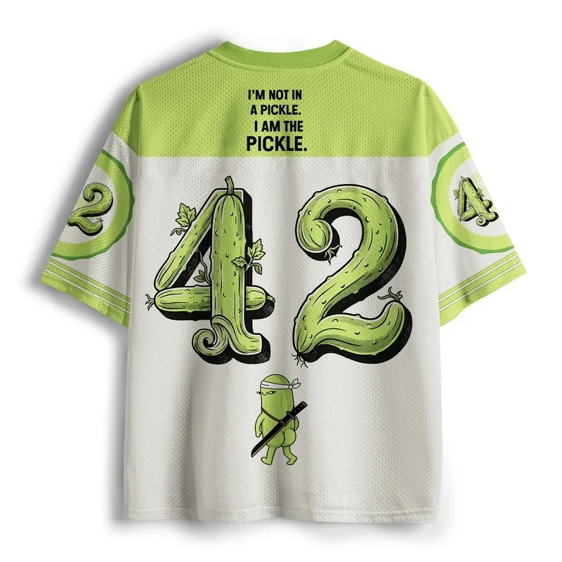 Fun Samurai and Pickle Graphic Soccer Jersey – Features a Humorous English Pun Slogan; Unisex Mesh Short-Sleeve Shirt