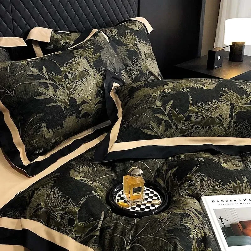 Vintage Pastoral Leaves Flowers Black 4Pcs Bedding set 1000TC Brushed Cotton Duvet Cover Set Flat/Fitted Bed Sheet Pillowcases