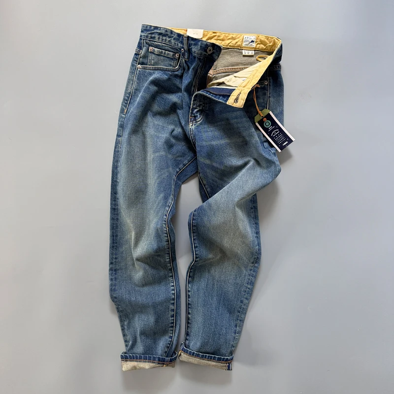 14oz Heavyweight Selvedge Denim Jeans for Men Spring Autumn 97% Cotton Washed Elastic Tapered Straight Pants 502 High Quality