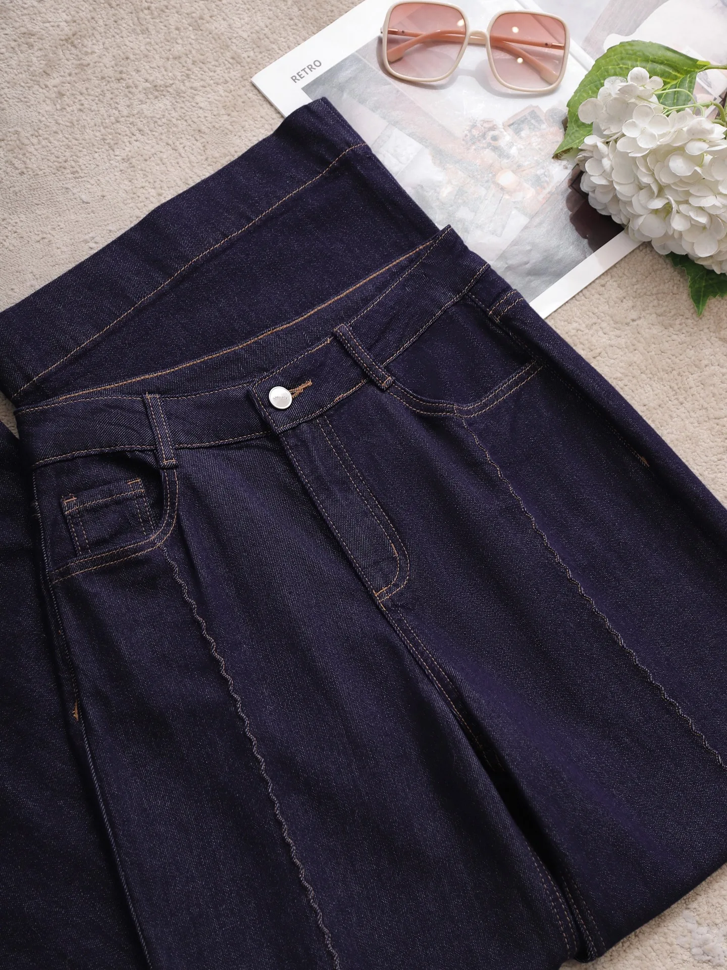 

Deep Blue Embroidered Loose Wide Leg Jeans Comfortable Cotton Denim Pants mid Waist Straight Cut Winter Commute Sle Ladies ...