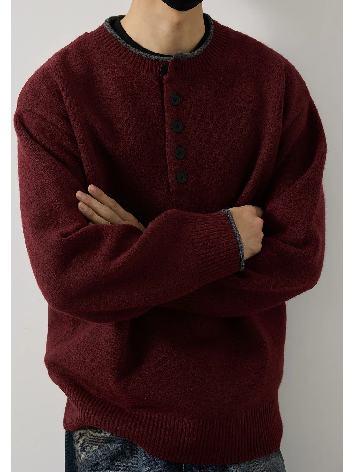 

Мужской свитер свободного кроя LH Store с воротником хенли, базовый слой, осенне-зимний, теплый, повседневный, с длинным рукавом