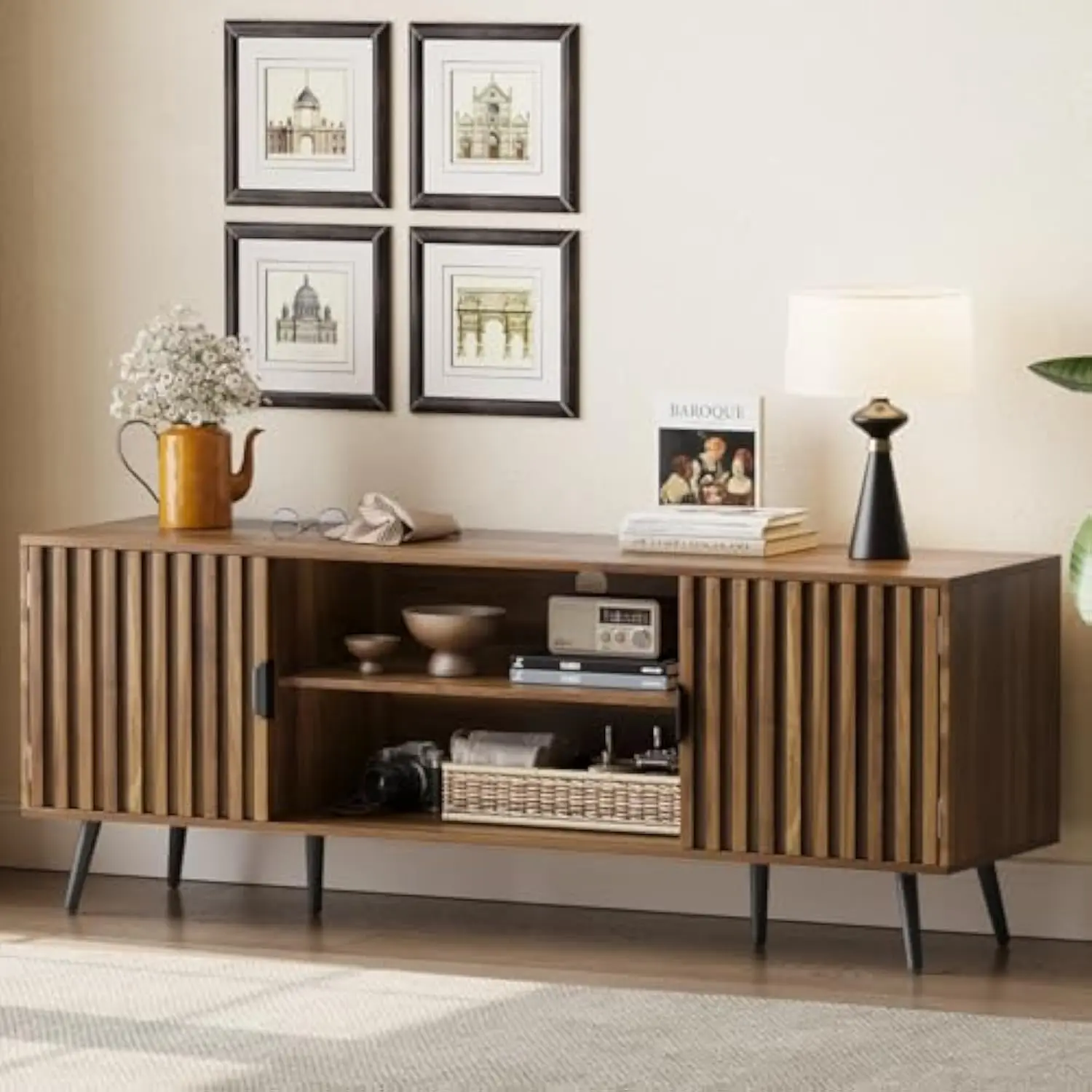 

Walnut Fluted TV Stand for 55 inch TV, Mid Century Modern TV Stand with Adjustable Shelf, Entertainment Center with 2 Storage
