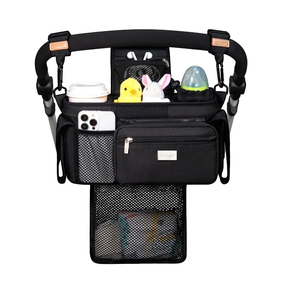 

TOPDesign Universal Baby Stroller Organizer Stroller Caddy with Detachable Mesh Bag Heightened Insulated Cup Holders NonSlip Se