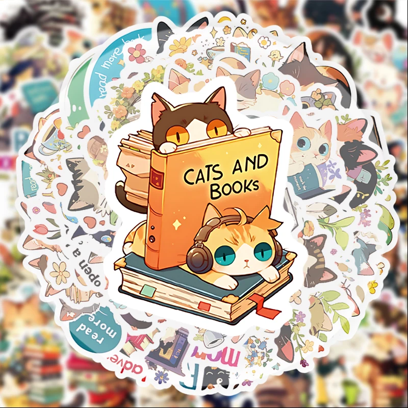50 Cat-Themed Reading Doodle Stickers, Suitable for Water Bottles, Laptops, Phone Decorations, Suitcases, Skateboards, Guitars, Gift Boxes, Party Decorations, Holiday Gifts