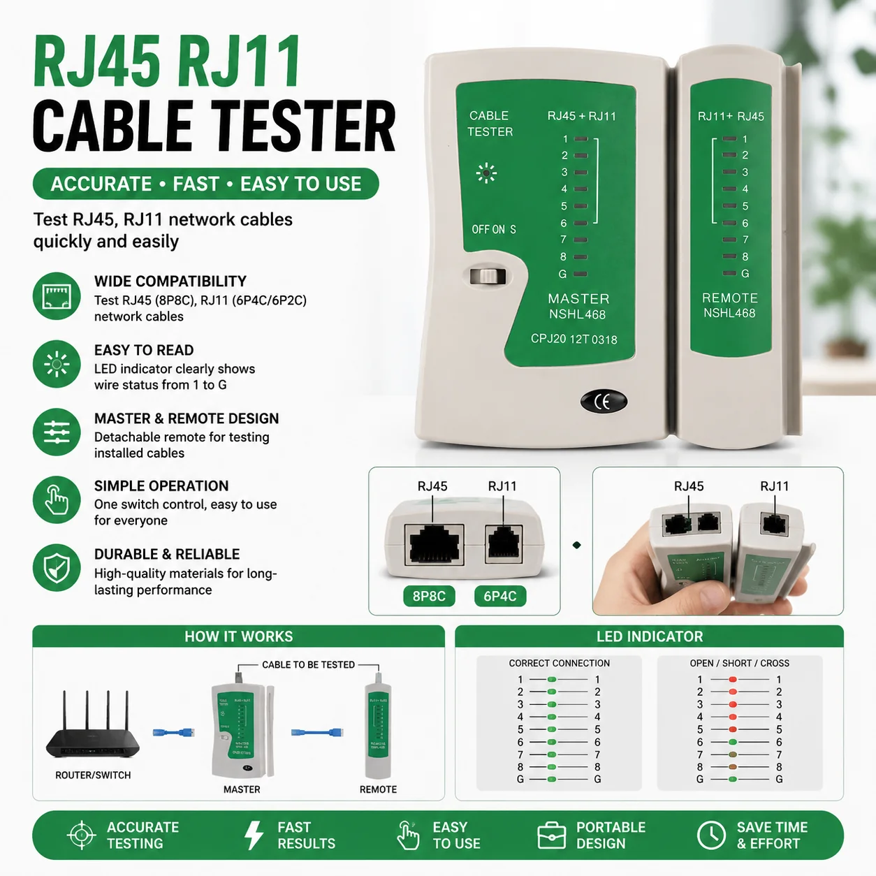 RJ45 Cable lan tester Network cable tester 468 RJ45 RJ11 lan tester dual-use cable testing line Networking tool Line fin