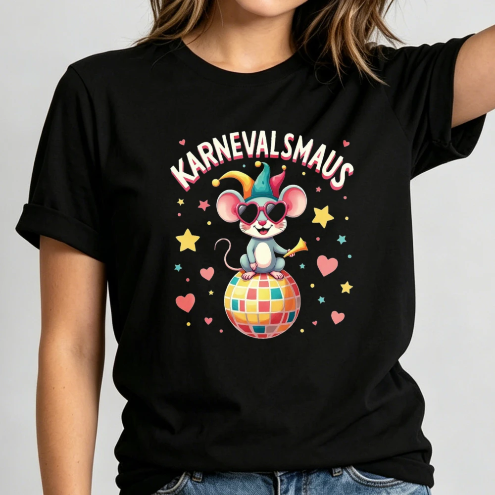 German Carnival Party Graphic Tees Karnevalsmaus Mouse Jester Hat Disco Ball Star Heart Print Short Sleeve Tshirt Y2K Casual Top