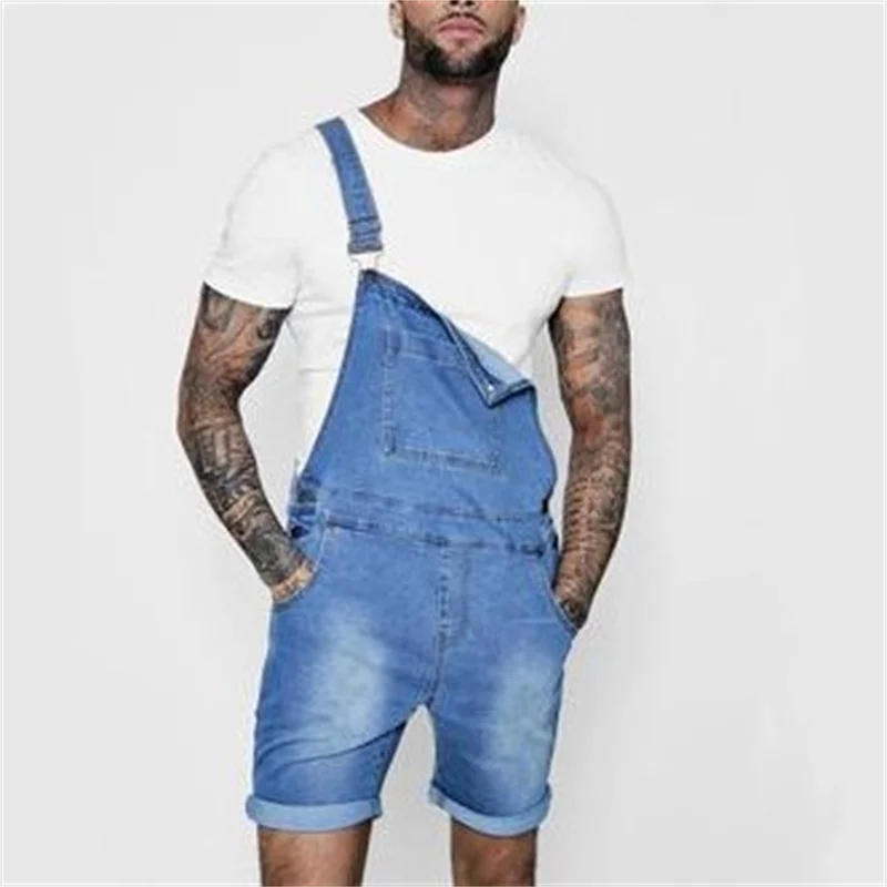 Men's Youth Cool Jumpsuit 2023 Summer Denim Shorts Splicing Pocket Suspender Pants Streetwear Casual Male Straight Trousers New