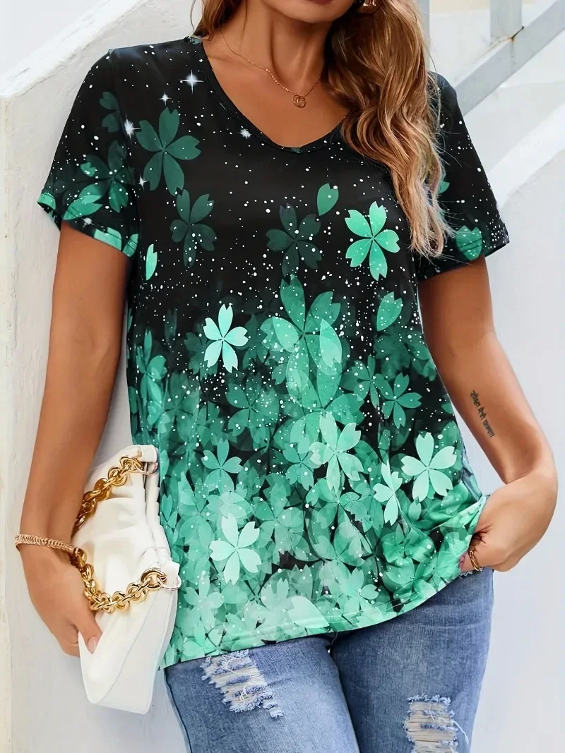 Plus Size T-Shirt 1XL-8XL Women Fashion Floral Print O Neck T-shirt Ladies Casual Short Sleeve Loose Tops