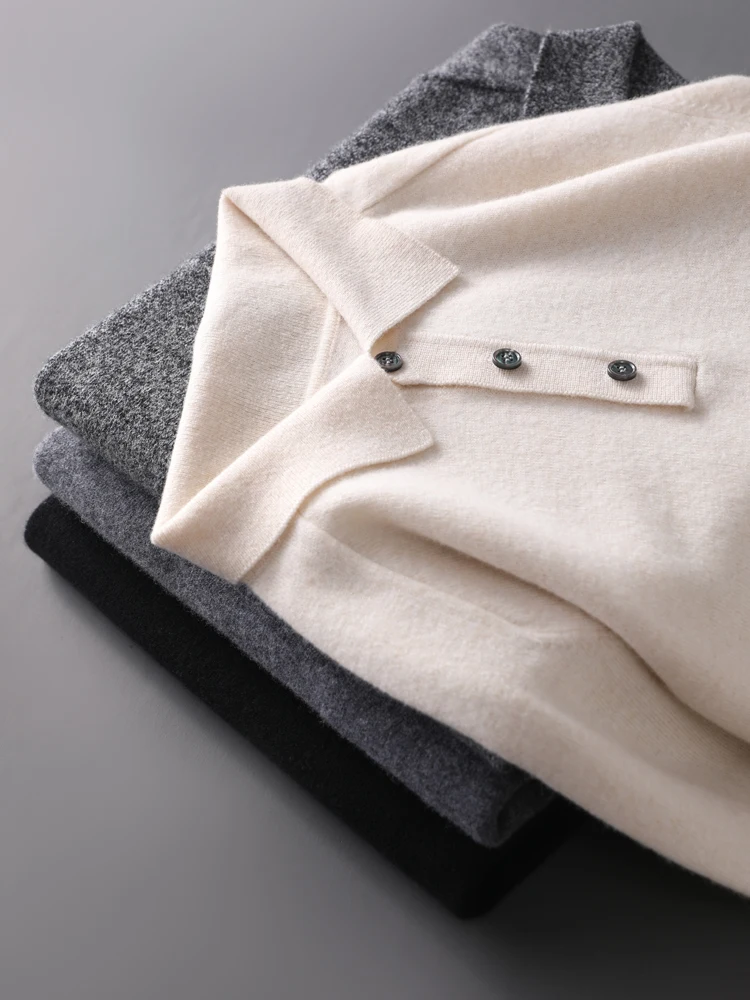 

Polo Collar Smart Casual Pullover Autumn Winter Men's 100% Merino Wool Knitted Sweater Solid Color Soft Warm Fashion New Tops