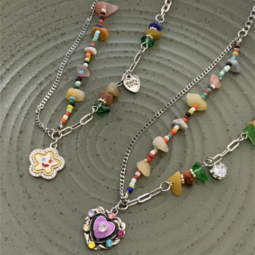 

Colorful Heart - shaped Pendant Layered Chain Fashion Bead Necklace