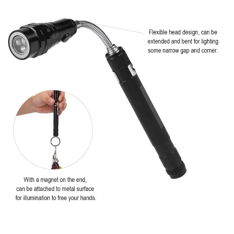 Multi Function Mini Flexible Telescopic LED Flashlight Rotatable Torch With Magnetic End(Black)
