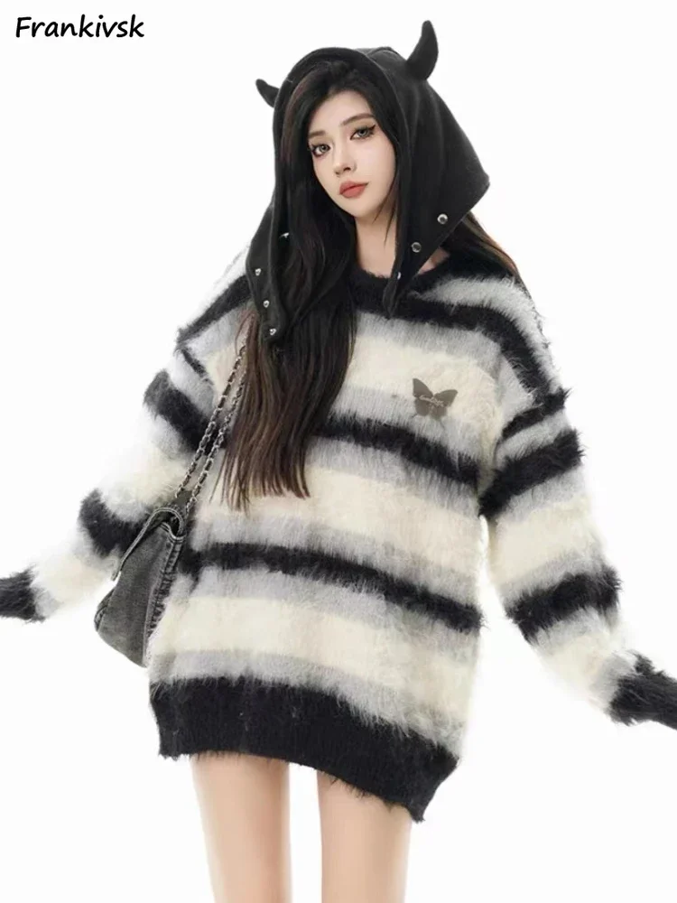 

Striped Sweaters Women Panelled Fashion Casual Retro Fluffy Japanese Style Harajuku Sweet Autumn Winter Slouchy Metal Decoration
