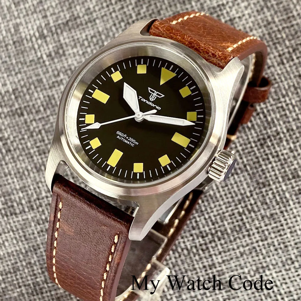 20bar Waterproof Men Lady Pilot Watch 36mm Vintage Yellow Numbers Mechanical Wristwatch NH35 Tandorio Brand Folding Clasp Lume