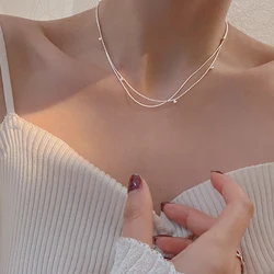 2024 S925 Silver Double Layer Snake Chain Clavicle Bead Chain Necklace Female Fashion Hip-Hop Retro Unique Design Fine Jewelry