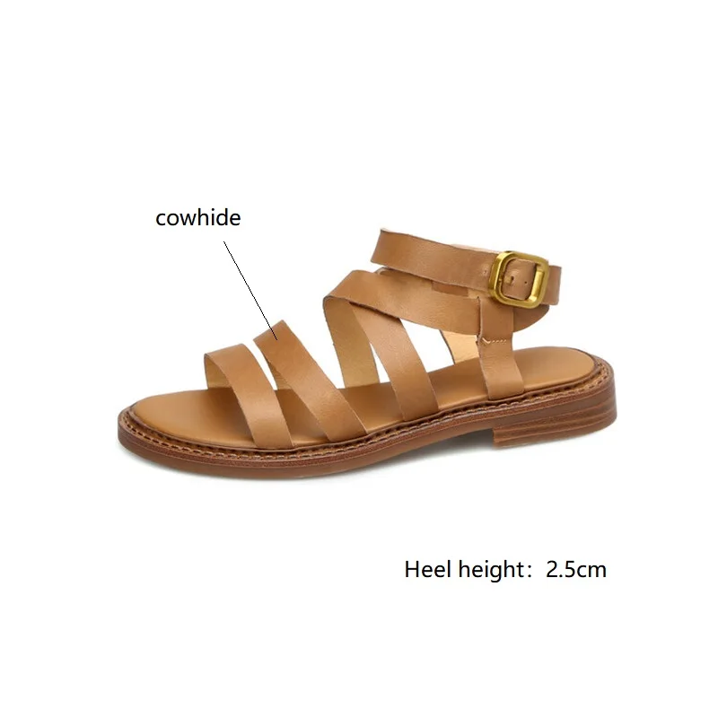 Summer Sandals Genuine Leather Women Shoes Round Toe Low Heel Sandals Shoes for Women Handmade Retro Light Luxury Roman Sandals