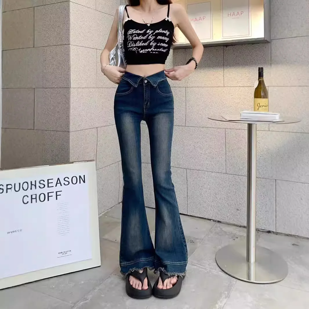 

High Waist Slim Fit Bell Bottom Denim Jeans Women's High Street Style Retro Flip Design Spicy Girl Straight Leg Frayed