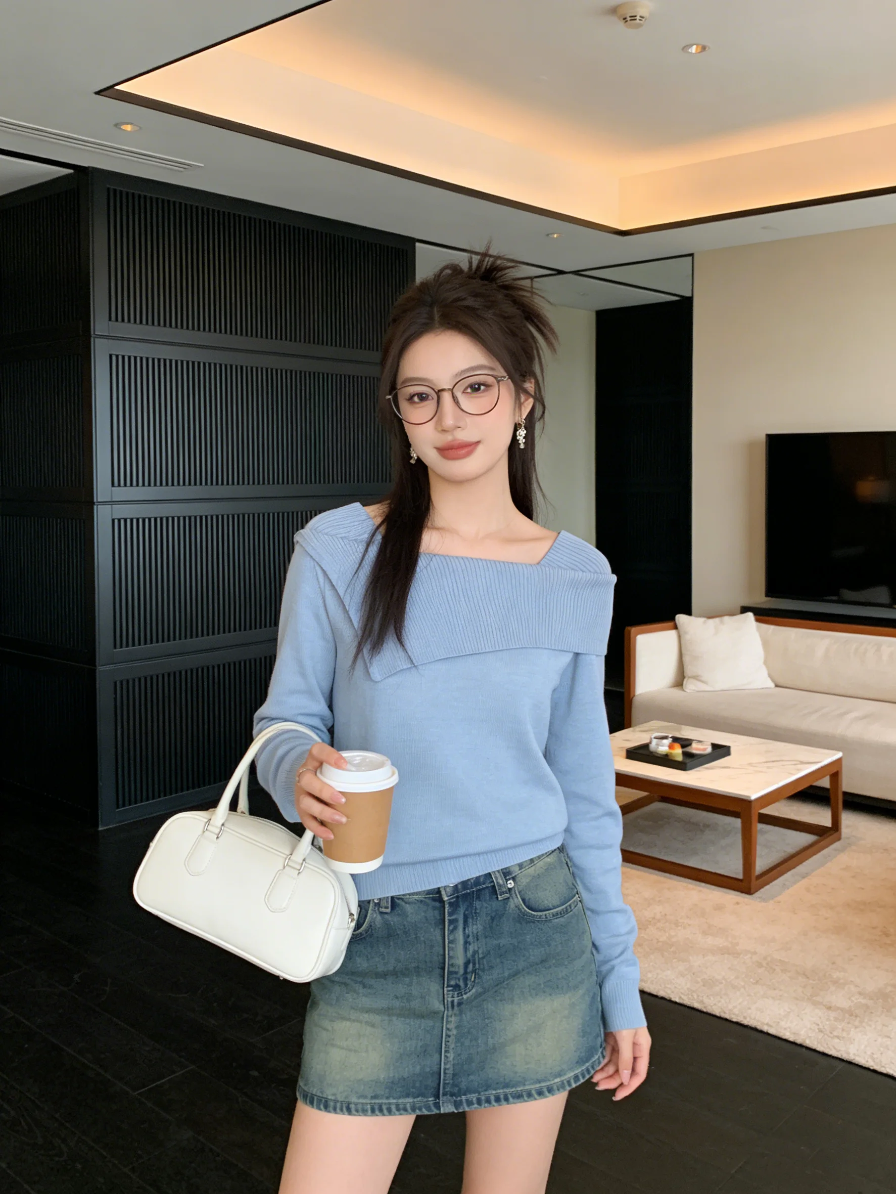 

Мягкий уютный корейский вязаный топ на одно плечо с отложным воротником, приталенный, нежный, весенний, модный, женская одежда премиум-класса