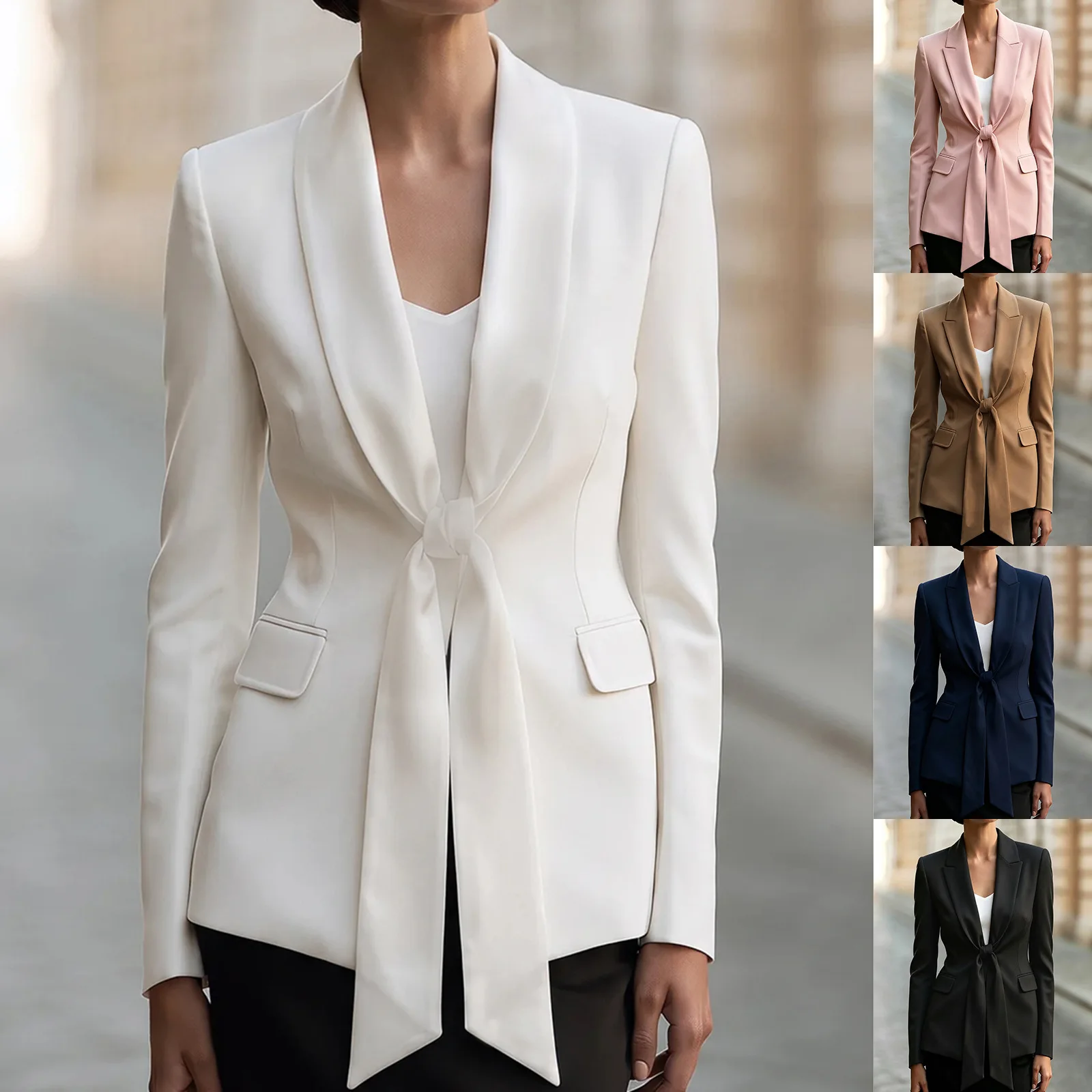 Women Shawl Lapel Front Tie Knot Blazer Jacket Long Sleeve Fitted Waist Flap Pockets Business Office Formal Suit Outerwear
