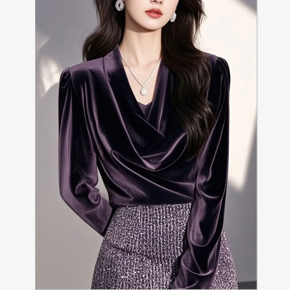 New Elegant Velvet Blouse Women Luxury Spring Autumn Fashion Design Fold Puff Sleeve Swing Collar Casual Shirt Solid Color Tops