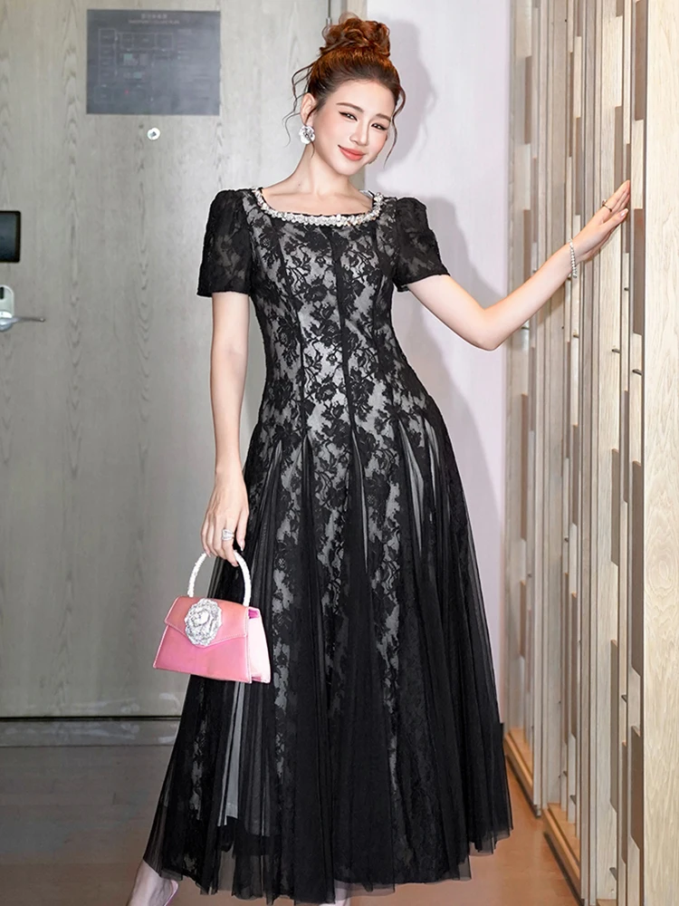 Elegante abito lungo nero romantico per le donne Dolce pizzo trasparente Maglia diamante Perla Abito in tulle Lady Matrimoni Abiti da sera formali